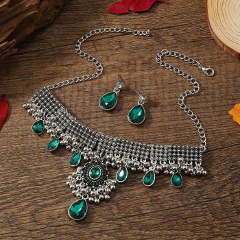 two pc bohemian crystal decor alloy earrings necklace(mixed length)