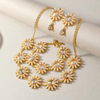 one set of pearl rhinestones decor earrings necklace & bracelet