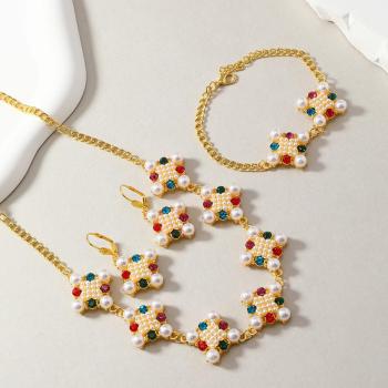 one set of pearl rhinestones decor earrings necklace & bracelet#2