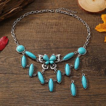 two pc retro butterfly blue turquoise alloy earrings necklace(mixed length)