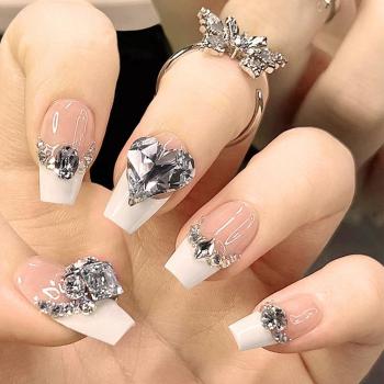 24 pcs heart rhinestone contrast color fake nails x3 boxes(with 3 pcs tapes)