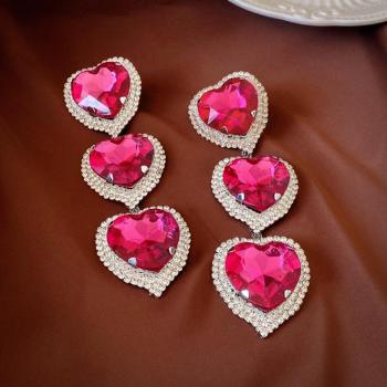 one pair heart shape rhinestones copper earrings(length:12.1cm)