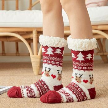 one pair winter anti-slip design christmas patterns fleece warm crew socks