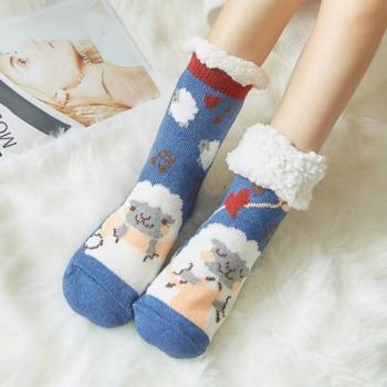 one pair winter christmas sheep letters anti-slip design fleece warm crew socks