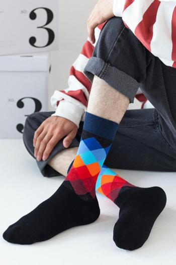 one pair new stylish contrast color lattice all-match cotton crew socks#1
