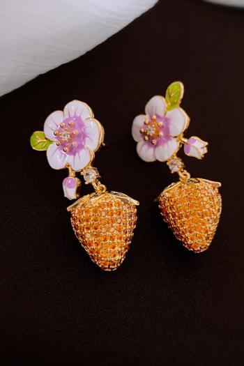 one pair flower strawberry rhinestones copper earrings(length:3.6cm)