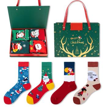 one gift box set 4 pairs stylish christmas cartoon patterns cotton crew socks#4
