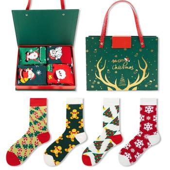 one gift box set 4 pairs stylish christmas cartoon patterns cotton crew socks#5