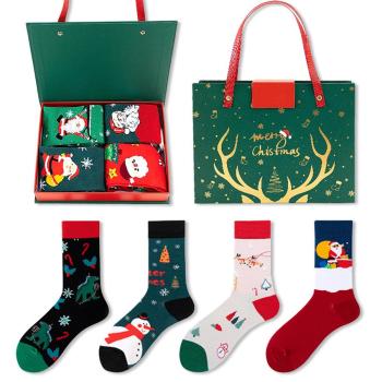 one gift box set 4 pairs stylish christmas cartoon patterns cotton crew socks#6