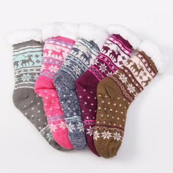 one pair stylish winter jacquard anti-slip design fleece warm cotton crew socks