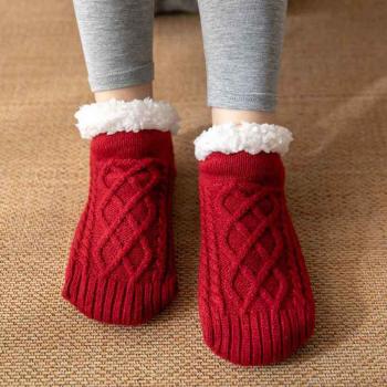 one pair stylish anti-slip design thickened fleece warm cotton crew socks