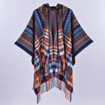 one piece stylish lattice tassel imitation cashmere warm hooded cloak 130*150cm