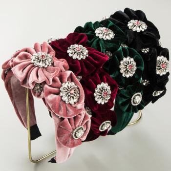 one pc stylish new 4 colors velvet flower rhinestone decor hair hoop(width:3cm)