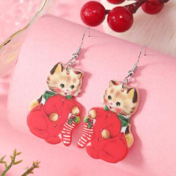 one pair christmas acrylic cat pendant earrings( length:6.2cm)