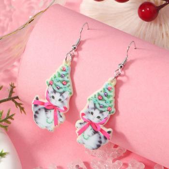 one pair christmas acrylic cat pendant earrings( length:6.7cm)