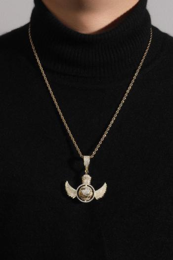 one pc rhinestones angel wings rotating globe pendant men necklace(length:60cm)