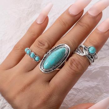 three piece set bohemian turquoise alloy ring(mixed length)