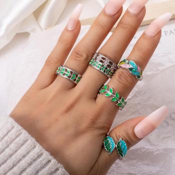 five piece set colorful oil dripping leaves alloy ring(mixed length)