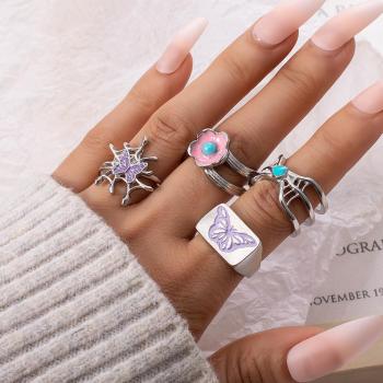 four piece set spider web flowers butterfly alloy ring(mixed length)