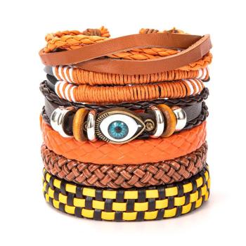 six piece set orange pu hand woven evil eye bracelet(length:18cm)