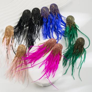 one pair new stylish 6 colors feather rhinestone tassels earrings(length:16cm)