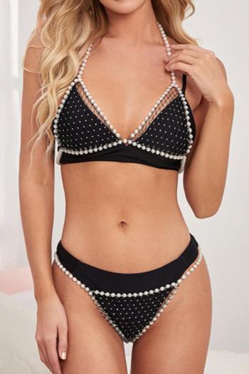 sexy rhinestone fishnet pearl chain halter neck bikini decor set body chain