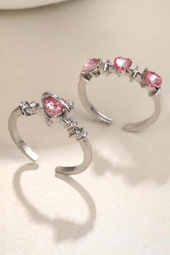 two pc heart-shaped pink rhinestones alloy ring(mixed length)