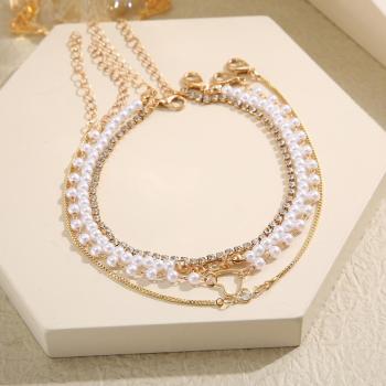 four-piece set metal chain rhinestone pearl alloy bracelets(mixed length)