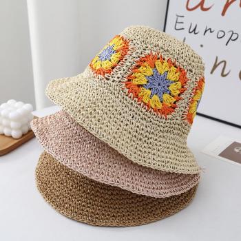 one pc woven flowers breathable stylish beach bucket hat 54-58cm