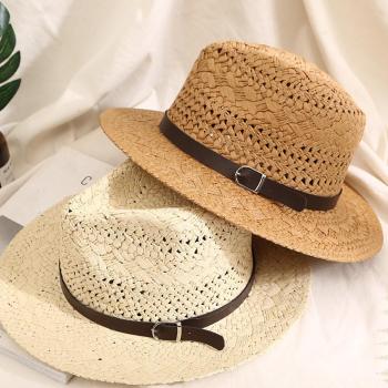 one pc 3 color stylish simple breathable belted beach straw hat 54-58cm