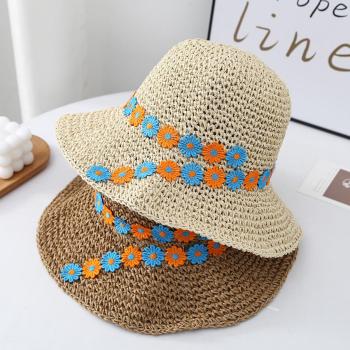 one pc summer stylish multicolor flower decor beach straw bucket hat 54-58cm
