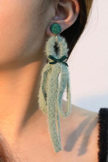one pair new bohemia bow tassels plush long earrings(length:17.7cm)