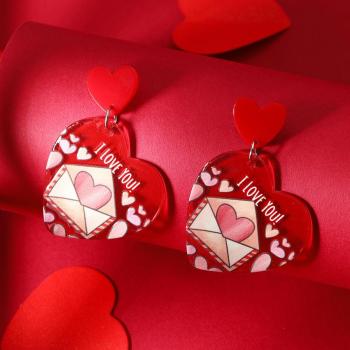 one pair new acrylic letter print heart-shaped pendant earrings (length:5.3cm)