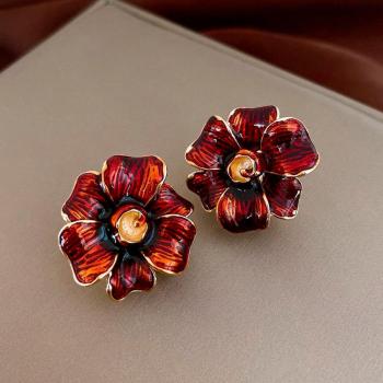 one pair stylish vintage red flower earrings