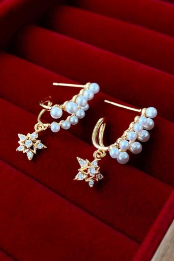 one pair stylish rhinestones imitation pearls star earrings