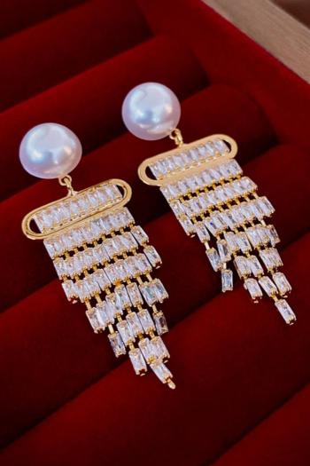 one pair stylish imitation pearl diamond-shaped rhinestone tassel earrings