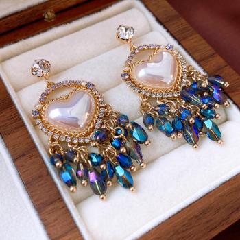 one pair stylish heart shaped imitation pearls rhinestones tassel earrings