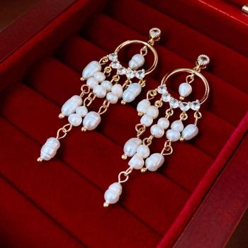 one pair stylish circle rhinestones imitation pearls  tassel earrings