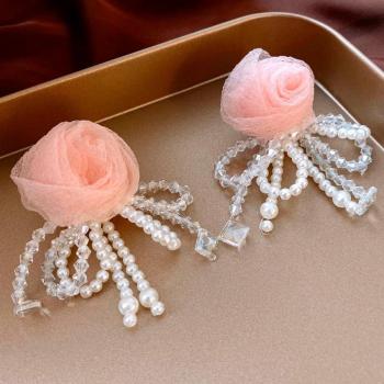 one pair stylish fabric flowers imitation pearls tassel earrings