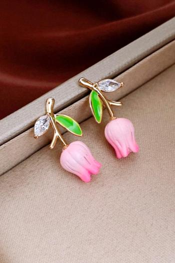 one pair stylish pink rhinestones tulip flower earrings