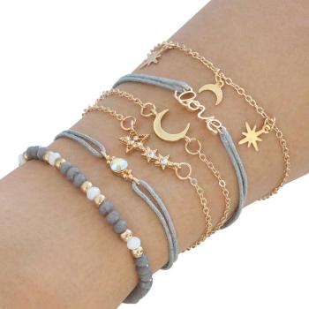 six pcs moon pendant decor beading pearl stylish bracelet sets(mixed length)