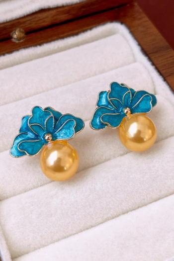 one pair stylish vintage imitation pearl blue flower earrings