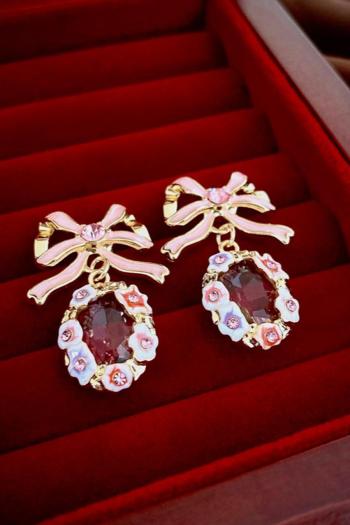 one pair stylish pink bow tie rhinestones earrings