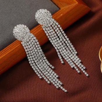 one pair stylish silver rhinestones  long tassel ear clip design earrings