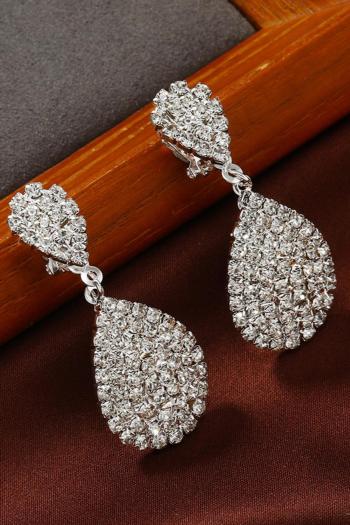 one pair stylish silver drop shape rhinestones ear clip design earrings