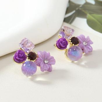 one pair stylish purple flowers rhinestones earrings