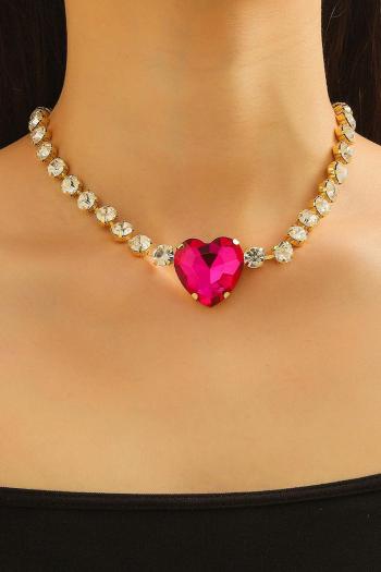 one pc stylish magenta heart-shaped rhinestones necklace