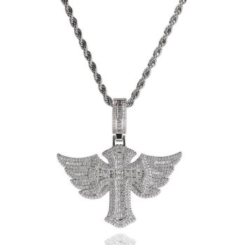 one pc stylish hip hop rhinestones angel wings cross pendant copper man necklace