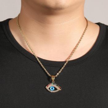 one pc hip hop colorful rhinestone blue eyes pendant stainless steel necklace