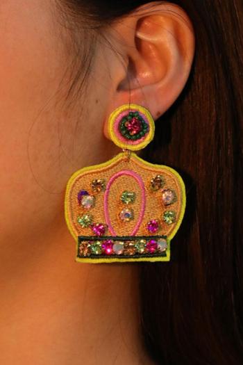 one pair new music carnival rhinestone crown felt cloth earrings(length:6cm)